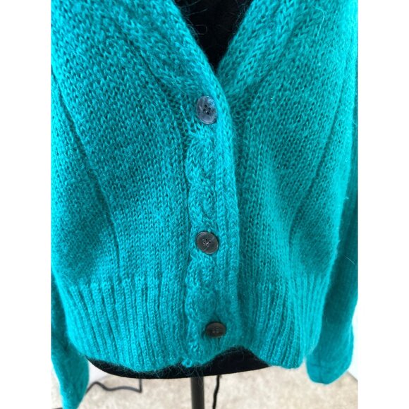 Vintage Gallagher Women's Teal Mohair Blend Cozy Cable Knit Button-Up Cardigan M - Picture 2 of 10
